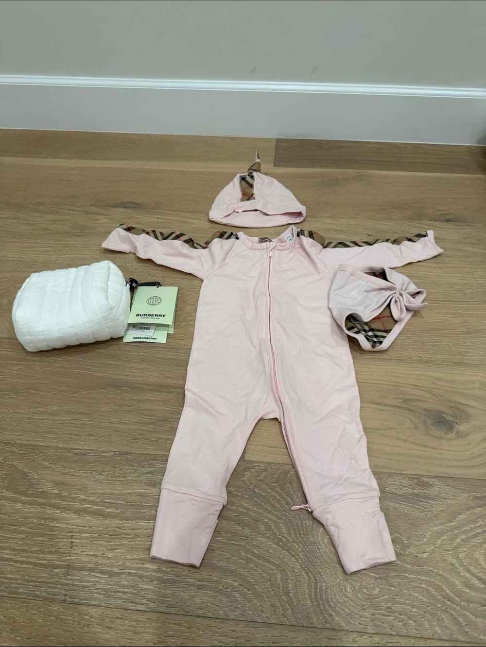 Authentic Baby One-Piece with Signature Check Trim + pouch + hat + bib